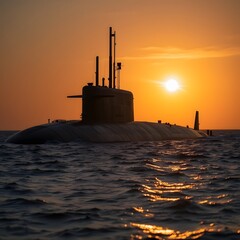 a submarine surfacing against a sunset  