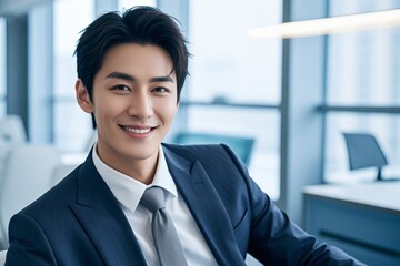 arafed asian man in a suit and tie sitting in an office