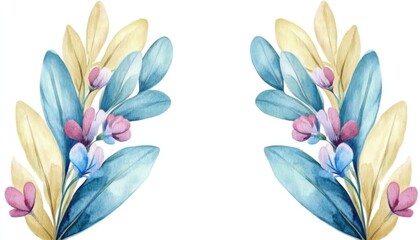 Beautiful watercolor illustration of vibrant leaves and flowers arranged symmetrically on a white background