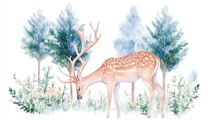 A serene scene of a spotted deer grazing among lush greenery and trees in a tranquil forest setting