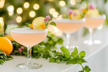 Refreshing cocktails with floral garnishes served at an elegant outdoor gathering in bright daylight