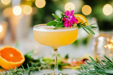 Colorful cocktail garnished with flowers and citrus on a festive table setting at an evening gathering