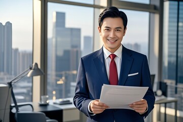 Fototapeta premium arafed asian man in a suit holding a piece of paper