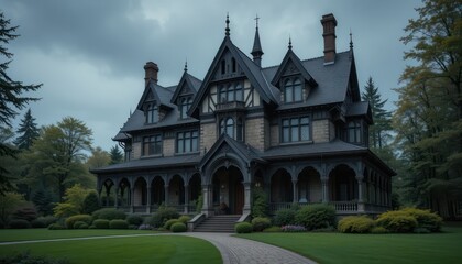 Fototapeta premium A Gothic-inspired home with pointed arches and deep, dark hues