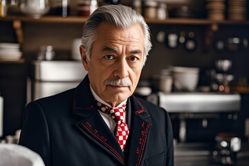 Obraz premium older man in a suit and red tie in a kitchen