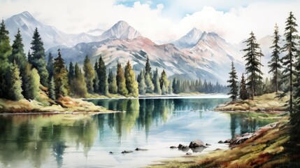 big river and forest nature landscape watercolor illustration