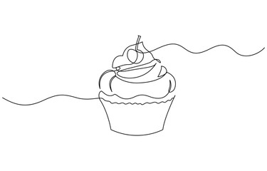 Continuous one line drawing of cup cake. One line drawing illustration, Muffin cake depicted in continuous line drawing. Minimalist illustration for food and drink concepts.