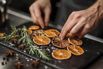 Crafting cocktails: bartender arranging dried orange slices and rosemary sprigs