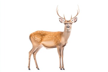 A majestic deer stands gracefully against a white backdrop, showcasing its elegant antlers and spotted coat