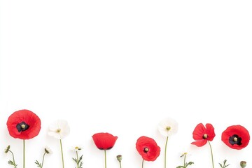 A vibrant arrangement of red and white poppy flowers with delicate greenery on a clean white background
