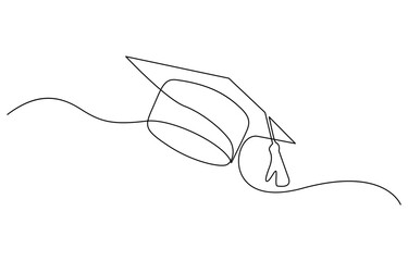 Obraz premium Graduation hat one line illustration. Hand drawn sketch of student cap on white background, Continuous cap one line art drawing of graduation hat concept outline vector.