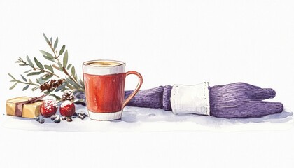 Cozy winter scene featuring a red mug, a purple glove, gift box, and festive greenery on a white background