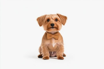 A charming small dog with a stylish bow tie poses against a clean white background, showcasing its playful demeanor