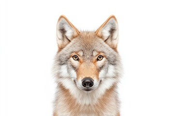 Close-up portrait of a majestic wolf with striking features against a plain background, showcasing its beauty