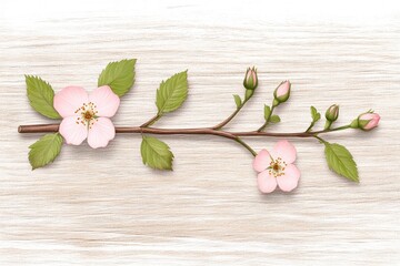 Delicate pink cherry blossom branch with buds and leaves against a textured background, ideal for spring themes