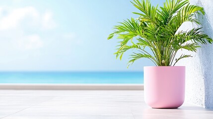 Obraz premium Pink potted palm tree on patio overlooking ocean