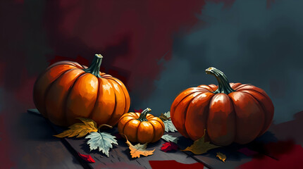 A colorful display of pumpkins, pumpkins and leaves sitting in a row on wooden background