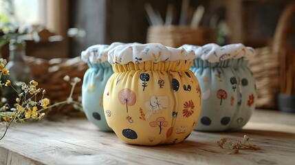 Reusable baby diaper, floral print, wooden table, rustic background, e-commerce