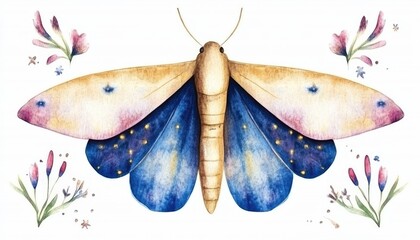 Vibrant watercolor illustration of a moth surrounded by delicate flowers, showcasing nature's beauty