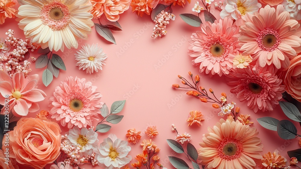 Poster a stunning display of colorful flowers in soft shades of pink and peach surrounds a central blank ar