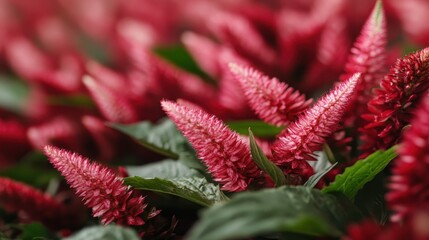 Close details of intricate red floral structures amidst rich green foliage, illustrating nature's artistry and vitality, perfect for any botanical-themed stock photography.
