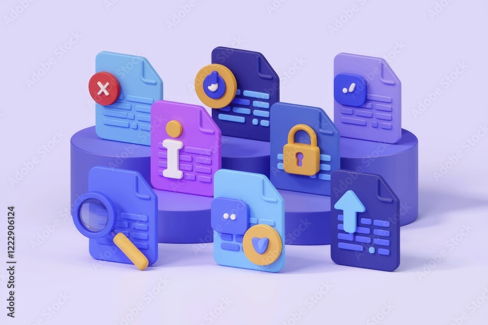 Poster 3d render of various file icons representing data management, security, and information.