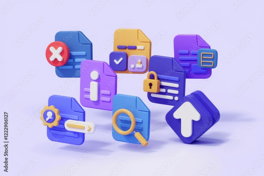 Poster 3d render of colorful file icons representing data management, security, and information access.