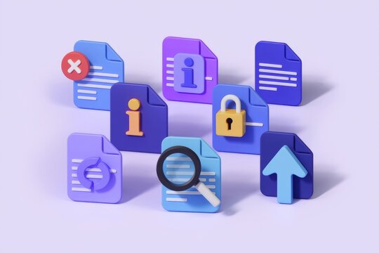 3D render of document icons showcasing file management, information, security, and upload processes.