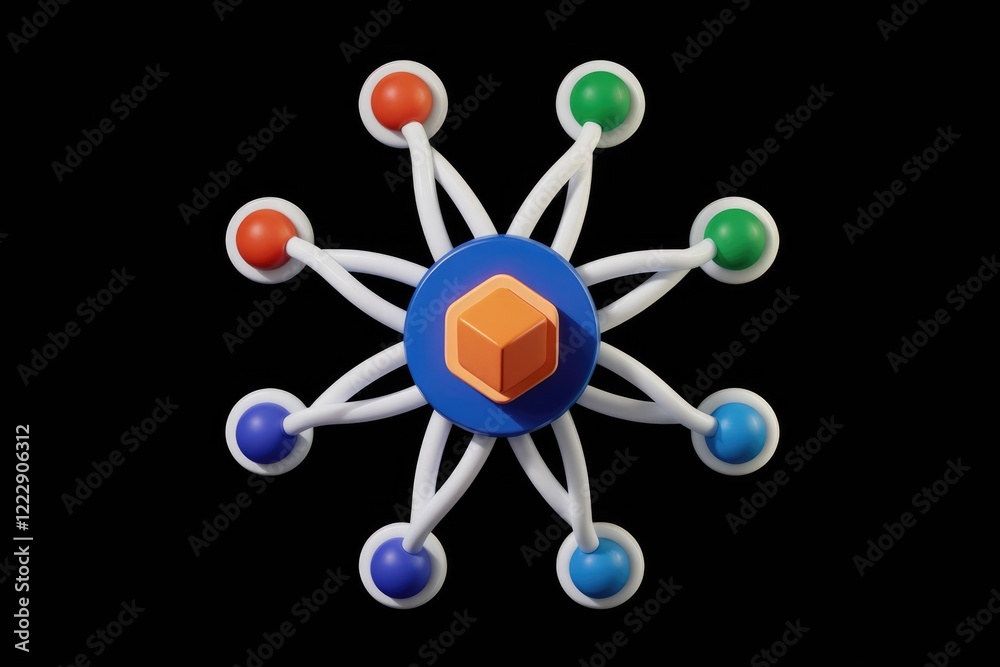 Poster Abstract 3D rendering of a network with colorful nodes and connections, showcasing connectivity and data flow.