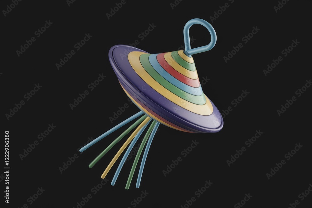 Poster a colorful spinning top toy with a handle and multiple strings, isolated on a transparent background