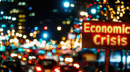 glowing Economic Crisis sign stands out against vibrant cityscape with blurred lights and traffic, evoking urgency and concern