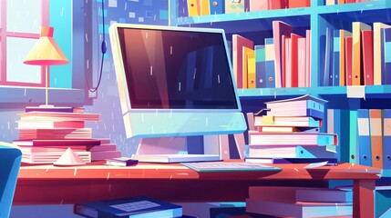 Modern Computer Workplace with Organized Books and Paper Sheets Stack