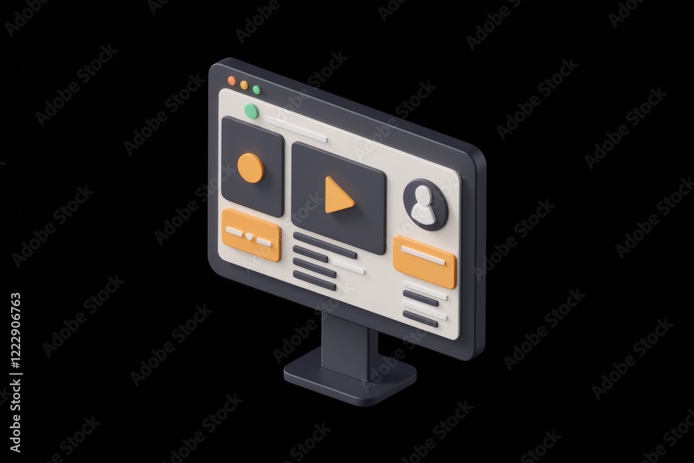 Poster isometric 3d illustration of a computer screen displaying a user interface with video player, profil