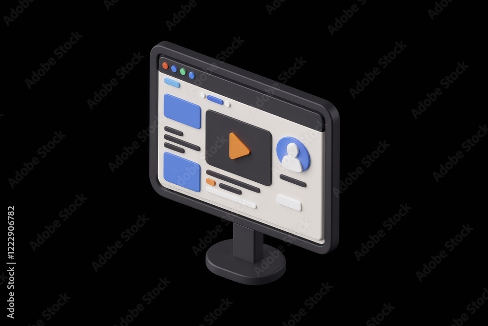 Poster 3d isometric illustration of a computer screen displaying a webpage with a video player and user pro