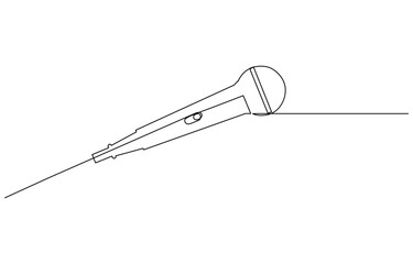 Continuous drawing of microphone. One line icon of microphone. One line drawing background. Retro microphone in one line drawing. Music and podcast recording tool.