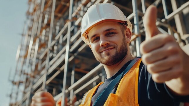 A close-up of a scaffolder in a hard hat and harness, giving a thumbs up with scaffolding structures in the background, Scaffolding scene