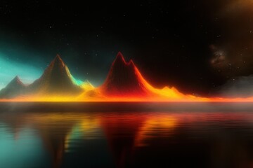 Glowing volcanic mountains reflected in serene lake at night