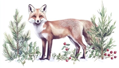 A beautiful red fox standing gracefully among pine trees and greenery, surrounded by festive red berries