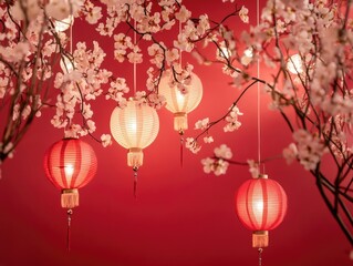 Fototapeta premium Red Lanterns Hanging from Tree