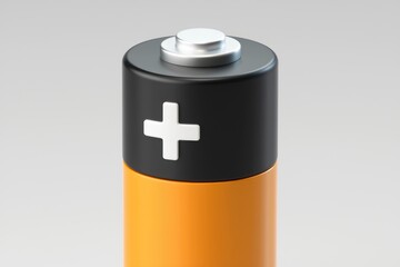 Obraz premium Close-up of a single AA battery with black top and orange body, displaying a plus symbol.