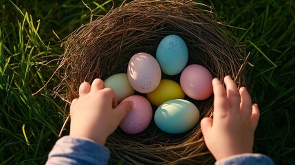A child's hands reaching toward a nest filled with pastel-colored Easter eggs, set on lush green grass under warm natural sunlight