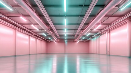 Fototapeta premium A creatively designed space featuring pastel-colored walls and industrial elements, creating a unique blend of nostalgia and modernity in a visually striking environment.