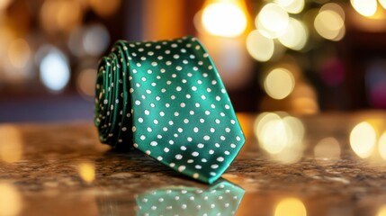 Polka-dot tie in vibrant green, sitting on a polished counter with blurred formal wear decor in the background.