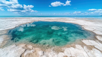 This striking image showcases a shallow, clear pool of water surrounded by cracked earth, amplifying the beauty of the sky and inviting a sense of wonder and tranquility.
