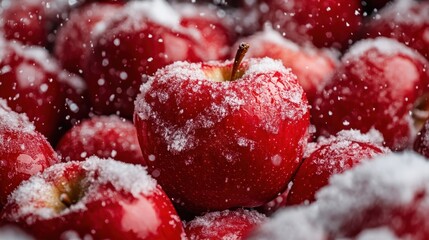 This close-up image of red apples dusted with frost beautifully captures the essence of winter, highlighting the contrast between the vibrant color and the icy texture all around.