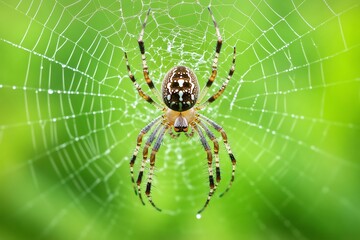 A close-up of a spider on its intricate web in a vibrant green background.