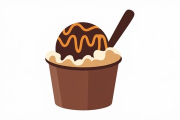 A delicious scoop of chocolate ice cream with caramel swirls, served in a brown cup with a spoon.