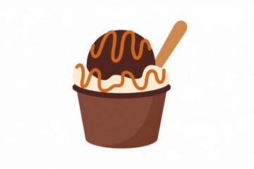 A delicious chocolate ice cream scoop with caramel topping in a brown cup.