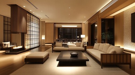 A modern living room with neutral tones and Japanese-inspired design elements.