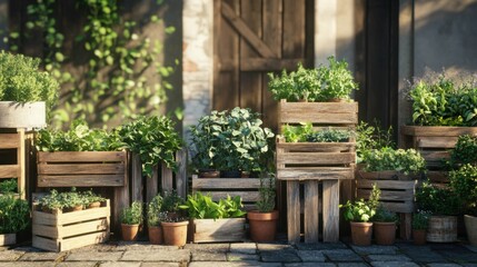 outdoor farmers market with fresh herbs, vibrant colors, and rustic wooden crates, sunny atmosphere, perfect for capturing the essence of local food culture